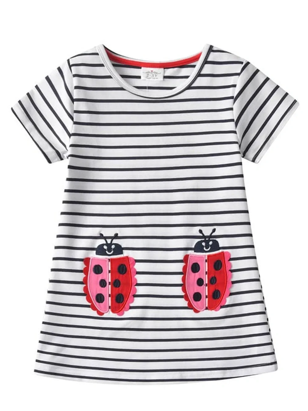 Girls Striped Pocket Casual Dress with Pink Ladybug Pockets